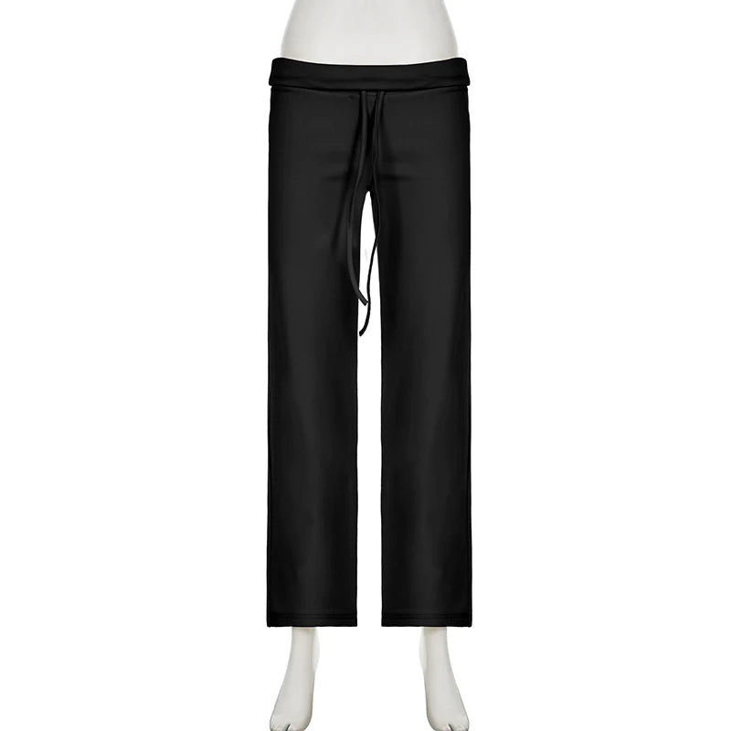 Rockmore Spicy Girl Low Waist Straight Leg Pants Pure Color Flip Waist Versatile Long Trousers Street Style Casual Pants
