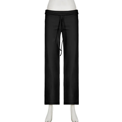 Rockmore Spicy Girl Low Waist Straight Leg Pants Pure Color Flip Waist Versatile Long Trousers Street Style Casual Pants