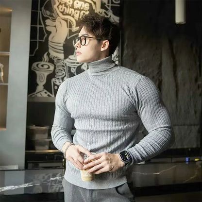 New Men's Turtleneck Sweaters Autumn Knitted Striped Streetwear Warm Long Sleeved Pullover Solid Color Basic Style Casual Tops