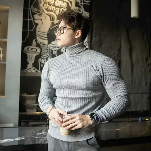 New Men's Turtleneck Sweaters Autumn Knitted Striped Streetwear Warm Long Sleeved Pullover Solid Color Basic Style Casual Tops