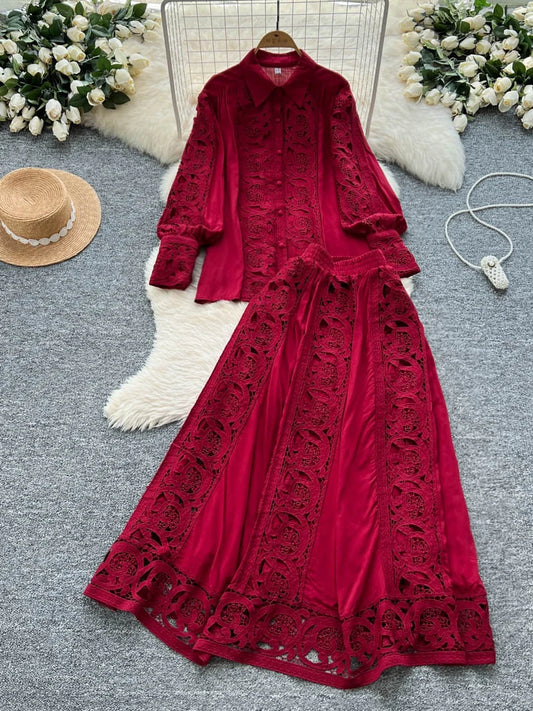 Elegant Lace Hollow out Long Sleeve Shirt And High Waist Half Skirt Two Piece Set for Women Fashionable And Stylish Ensemble