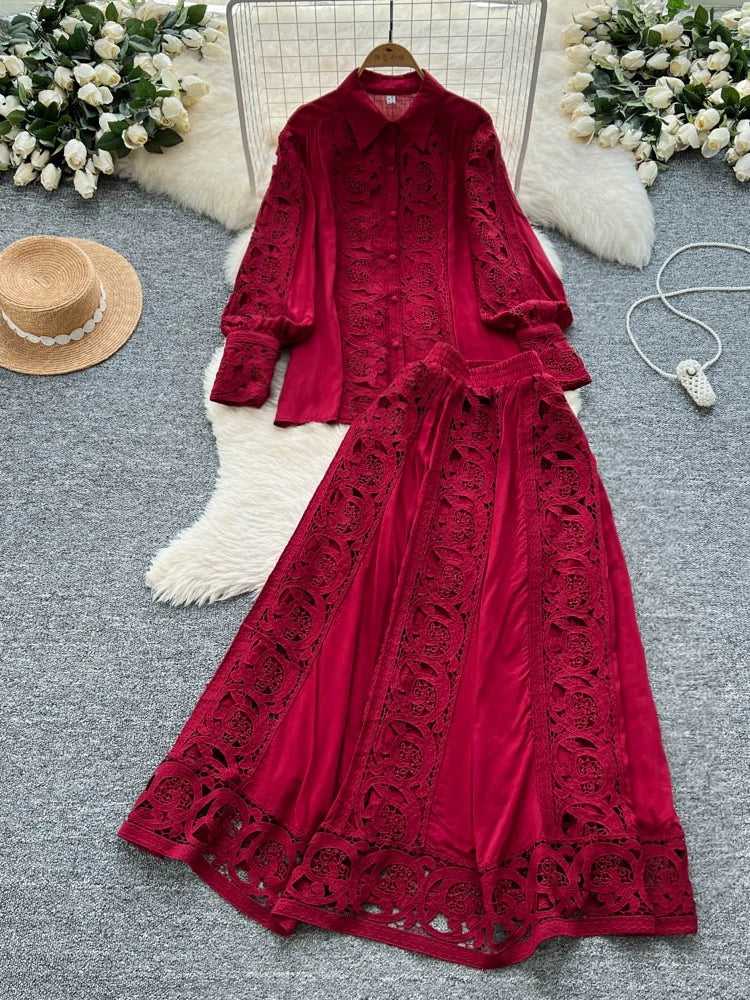 Elegant Lace Hollow out Long Sleeve Shirt And High Waist Half Skirt Two Piece Set for Women Fashionable And Stylish Ensemble