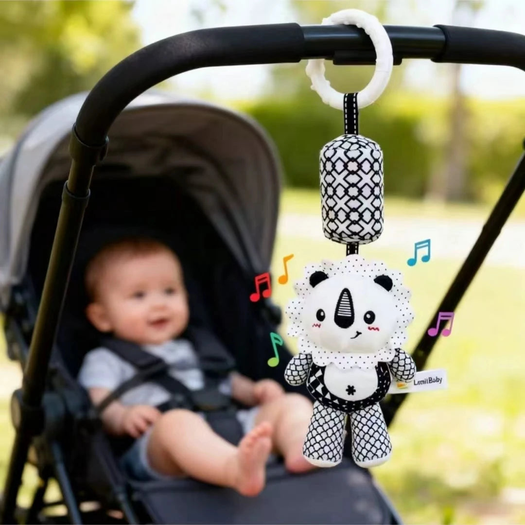 Portable Plush Baby Toy with Wind Chime and Rattle, Black White Design for Stroller Crib Hanging Decor, Safe Cute Newborn Gift
