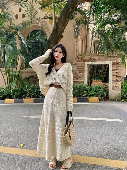 Kumikumi Lazy Style Hollow out Knitted Cardigan Jacket Women's High Waist  Skirt Fashion Set Spring 2025 Acrylic Fabric