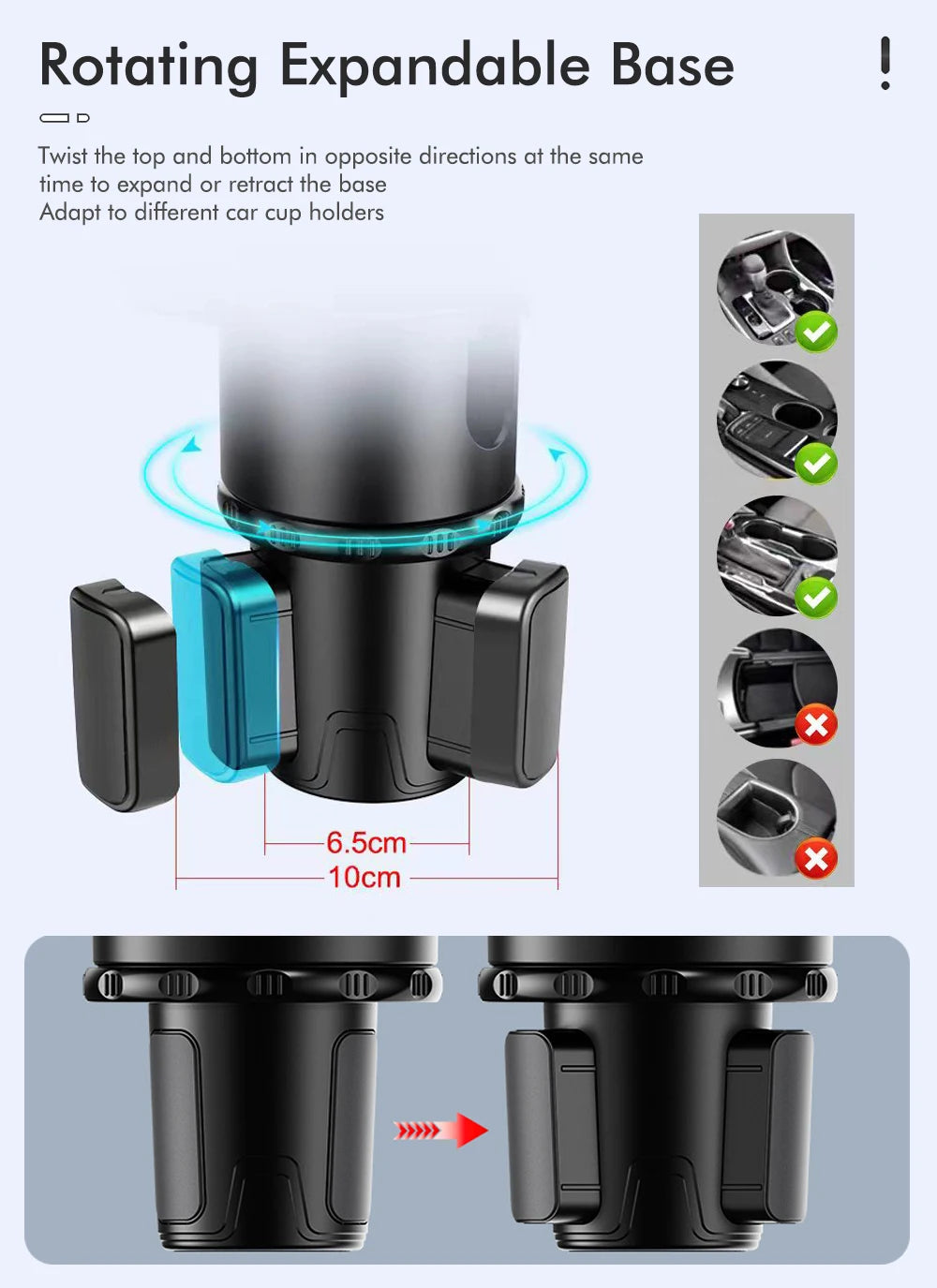 Car Cup Holder Expander Multi-Function Drink Holder with Food Table 360-Degree Adjustable Base Tray for Snack
