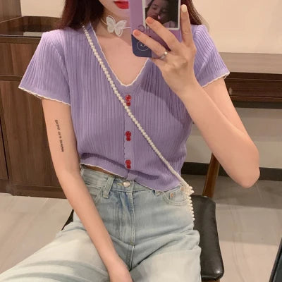 Summer Women's Ice Silk Knitted T-shirt Short Sleeve Striped High Waist Design Sweet And Spicy Belly Button Short Top