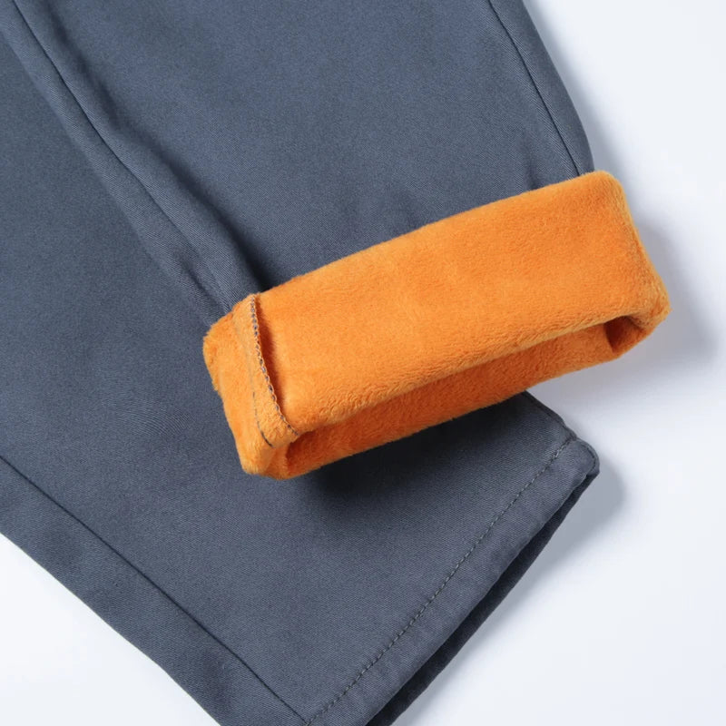 Men Winter Snow Warm Thermal Pants Straight Leg Cool Loose Pants Thicken Fleece Long Korean Business Blue Gray Khaki Trousers