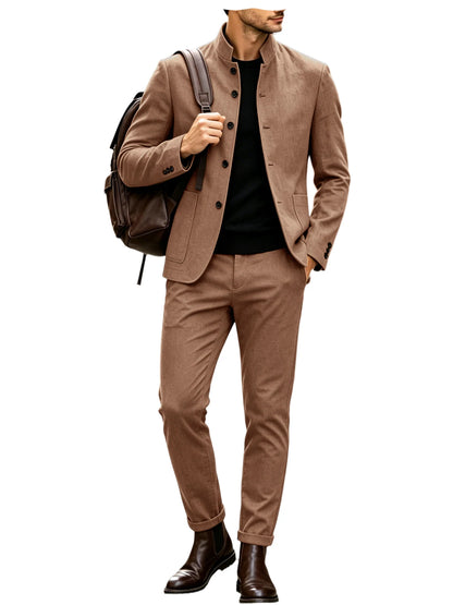 Men's Linen Stand Collar Suit 2-Piece Blazer & Pants Set Slim Fit Business Casual Tuxedo Jacket Trousers Formal Wedding Outfit