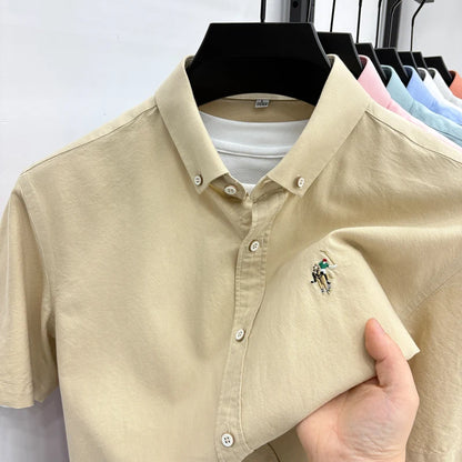 100% Pure Cotton Men's Short Sleeved 2026 New Brand Embroidered Trendy Shirt for Men's Casual Summer Wear