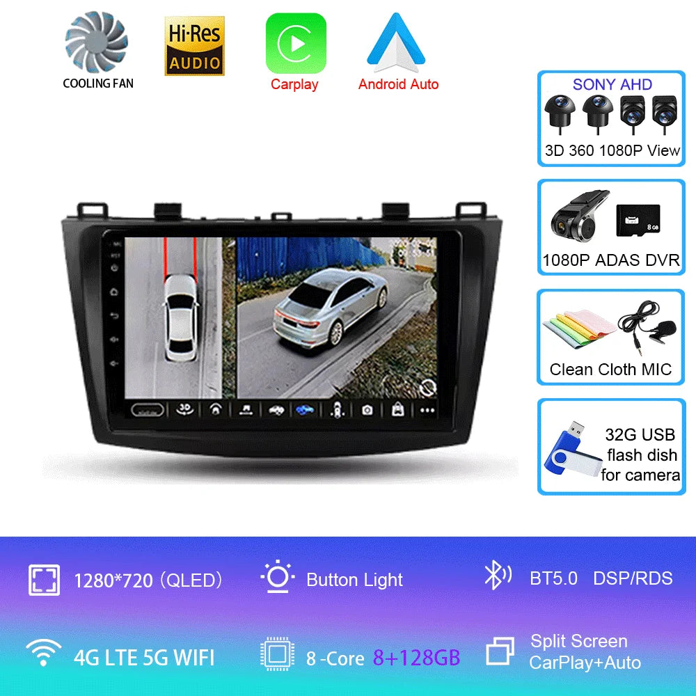 For Mazda 3 II For Mazda3 BL 2009 - 2013 Android16 Carplay Auto 4G+WIFI GPS Car Radio Navigation Multimedia Video Player Stereo