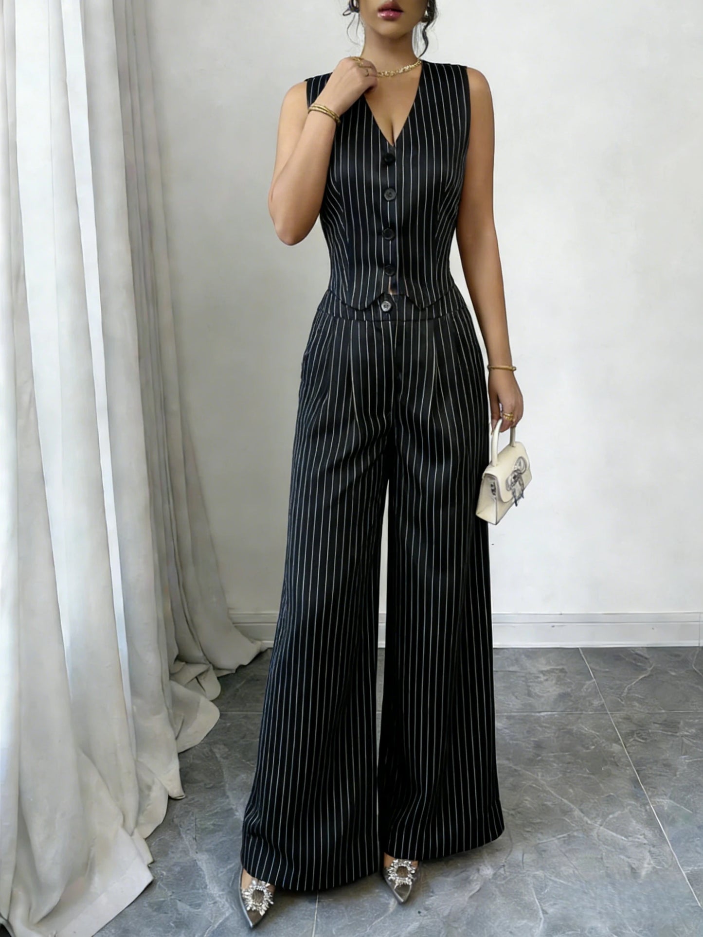 Women's Pinstripe Elegant Trouser Set Sleeveless V Neck Button Vest High Waist Wide Leg Pants Two Piece Set Spring Summer Outfit