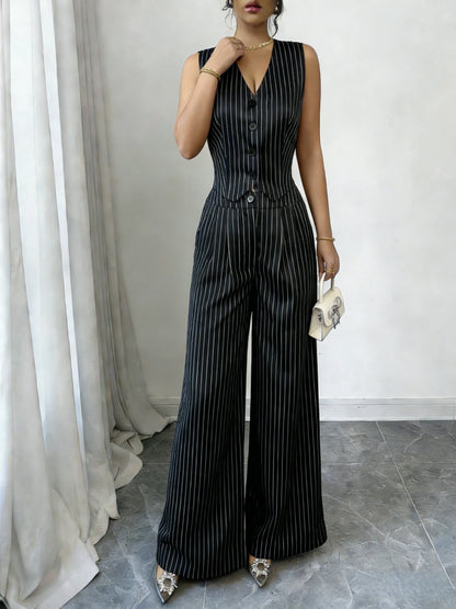 Women's Pinstripe Elegant Trouser Set Sleeveless V Neck Button Vest High Waist Wide Leg Pants Two Piece Set Spring Summer Outfit