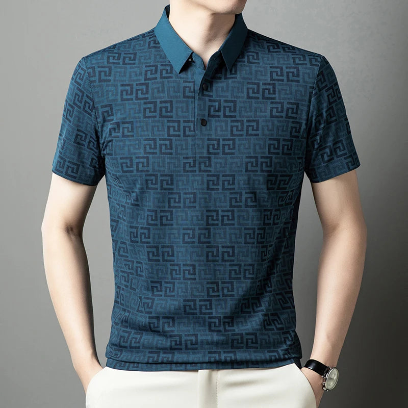Summer Slim-Fit Men's Short-Sleeved Polo Shirt Classic Lapel Single-Breasted Placket Meander Pattern Casual Style Men's Clothing