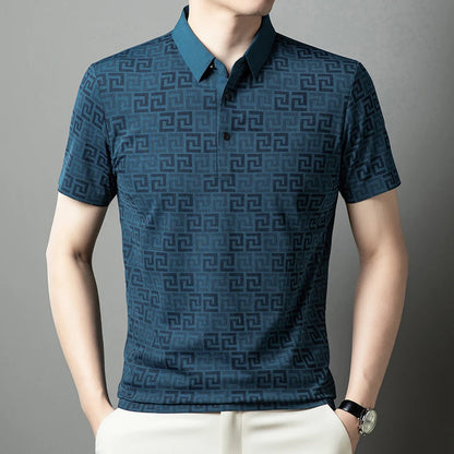Summer Slim-Fit Men's Short-Sleeved Polo Shirt Classic Lapel Single-Breasted Placket Meander Pattern Casual Style Men's Clothing