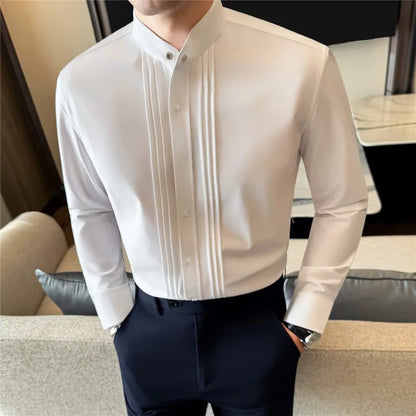 Men Shirt Stand Collar Business Solid Color Casual Slim Fit Long Sleeved Formal Dress Shirt Groom Wedding Party Men Clothing