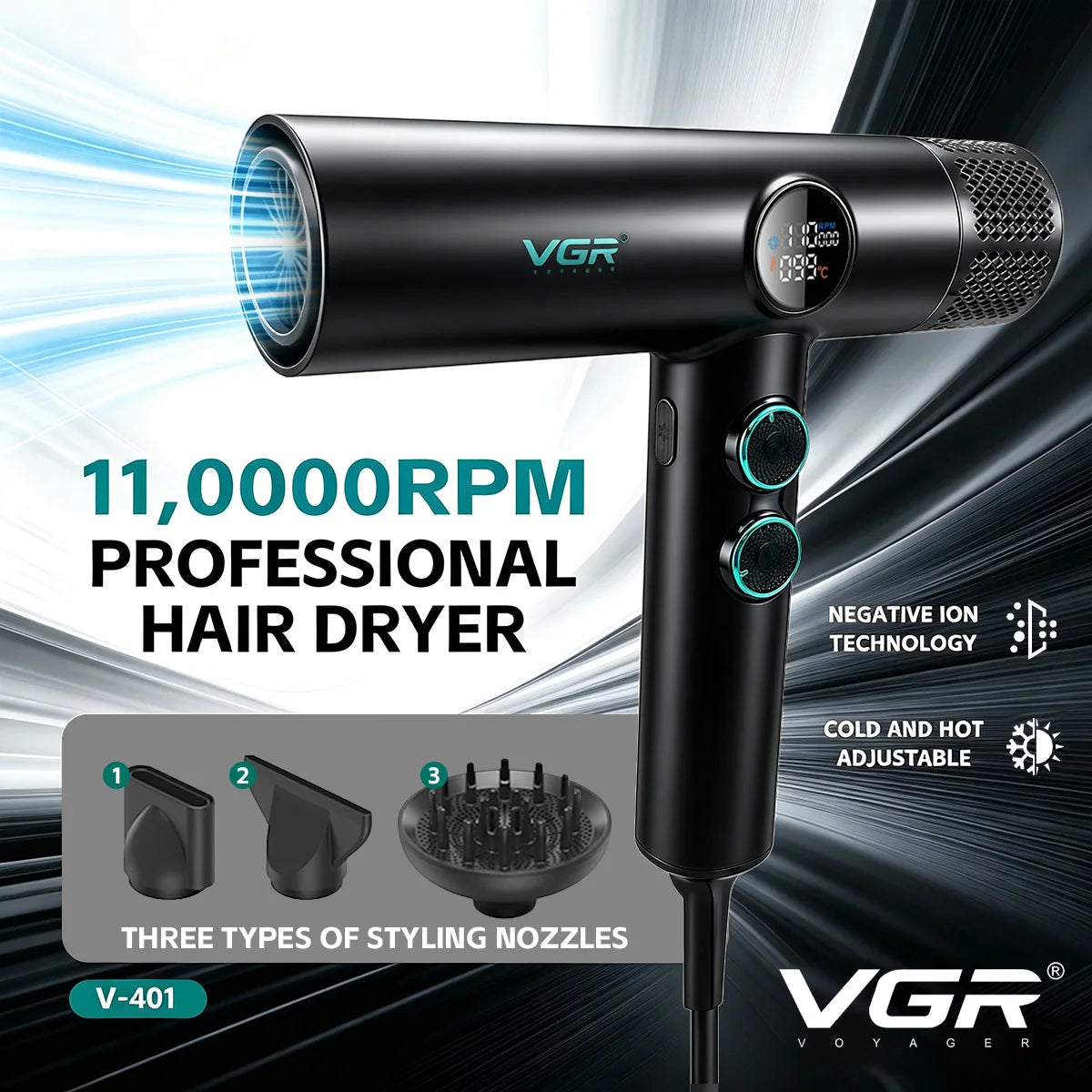 VGR Hair Dryer Professional Hot and Cold Adjustment 110000 RPM Hair Dryer Machine Powerful Hair Salon for Household Use V-401