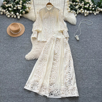 Elegant Lace Hollow out Long Sleeve Shirt And High Waist Half Skirt Two Piece Set for Women Fashionable And Stylish Ensemble