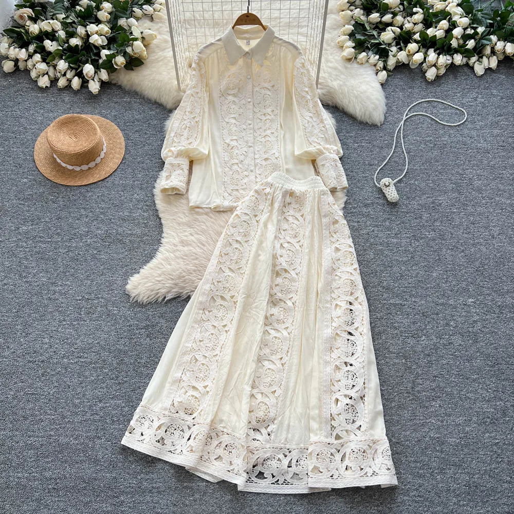 Elegant Lace Hollow out Long Sleeve Shirt And High Waist Half Skirt Two Piece Set for Women Fashionable And Stylish Ensemble