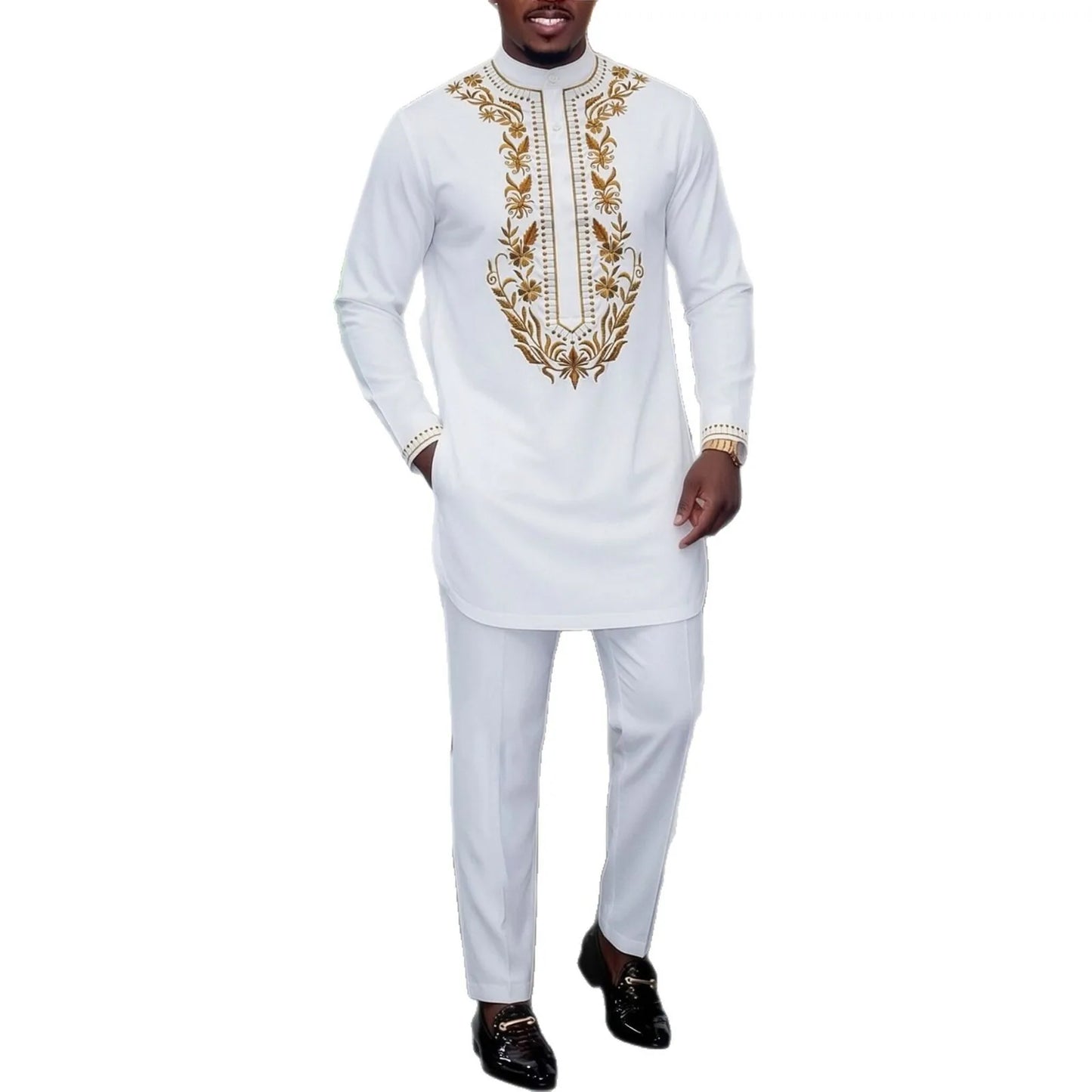 2026 New White Embroidered Men's 2-piece Suit Men's Outfit 2026 Muslim Long Dress Robe Abaya Ramadan Dubai Luxury Islam Elegant