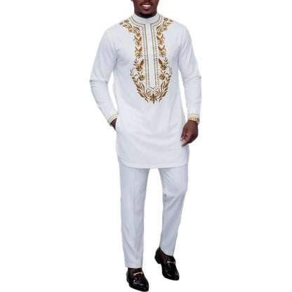 2026 New White Embroidered Men's 2-piece Suit Men's Outfit 2026 Muslim Long Dress Robe Abaya Ramadan Dubai Luxury Islam Elegant