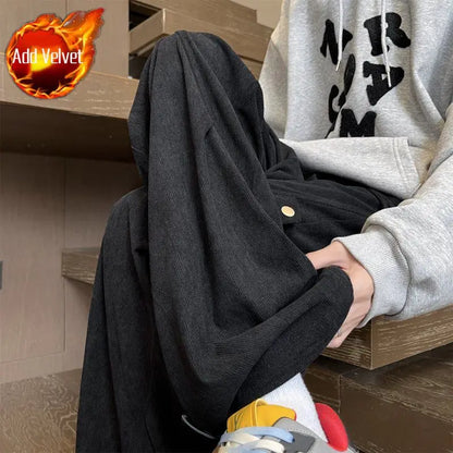 Grey Green Men’s Corduroy Cargo Pants Wrinkle Texture Sport Jogger Loose for Winter High Street Casual Versatile Daily Trousers