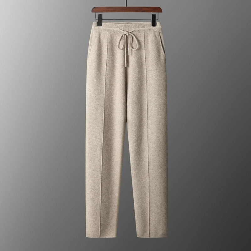 MVLYFLRT 2026 Men's Autumn Winter Elastic Waisted Knitted Pants 100% Cashmere Small Leg Casual Straight Leg Thickened Warm 2472