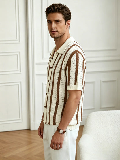 Men's Striped Knit Polo Shirt Short Sleeve Button Down Cardigan V-Neck Hollow Out Retro Casual Top Summer Old Money Style