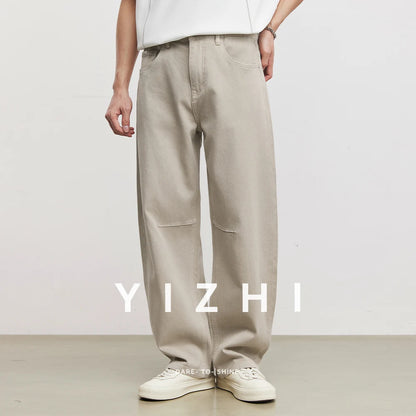 Fashion Men's American Retro Draping Vintage Cut-Off Jeans 2026 Summer Cotton Blend Loose Casual Straight Wide Leg Pants