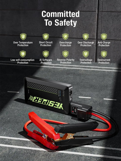 YESPER 1500A Car Jump Starter——0.7lb Mini Portable, Built-in 12000mAh, Power Bank Function, for 7.0L Gas/5.5L Diesel