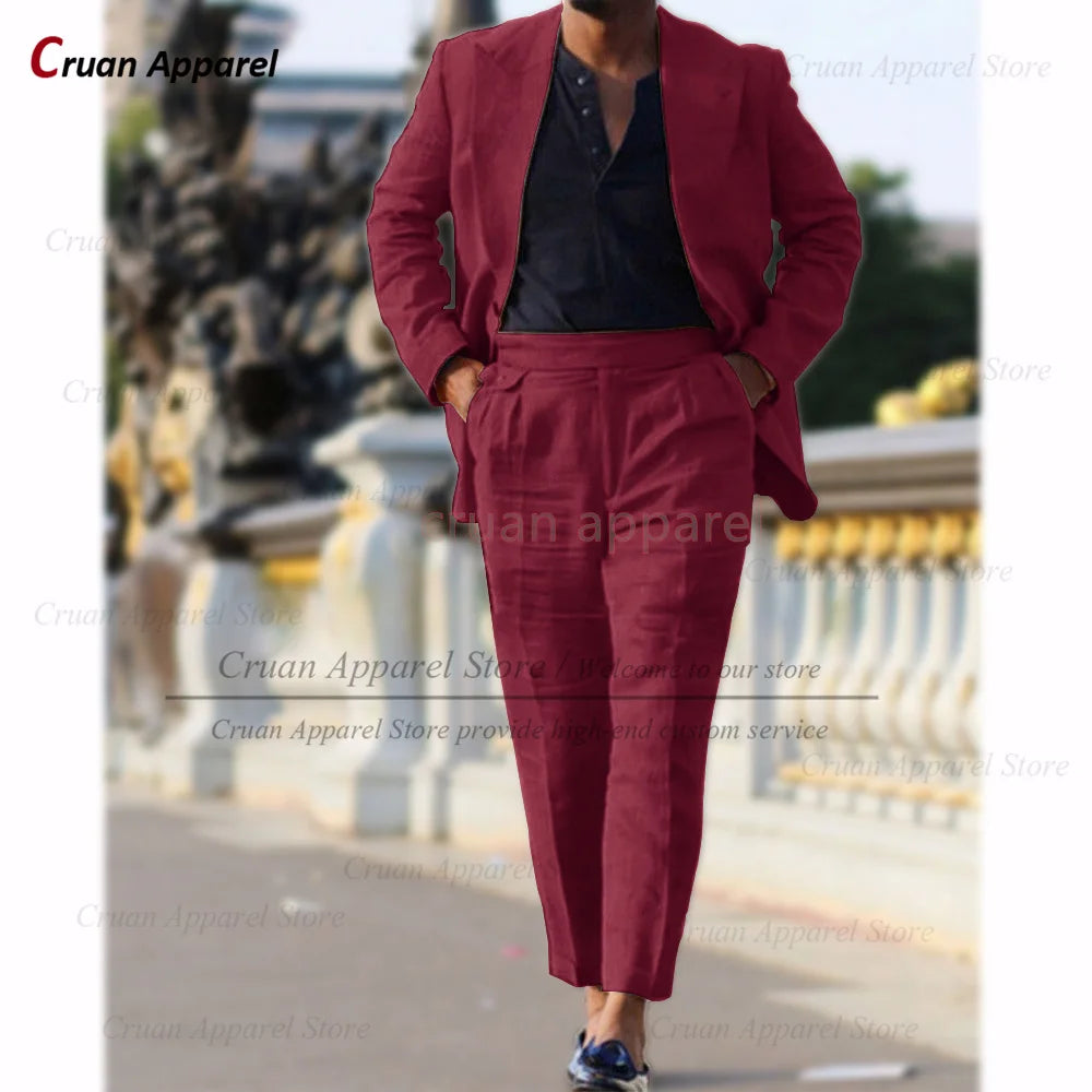 Classic Summer Linen Suit Sets For Men Smart Casual Blazer And Pants 2 Pieces Formal Evening  Fashion Slim Fit Suit Attire