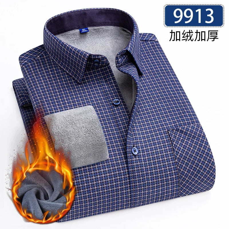 Autumn Winter Thicken Fleece Shirts For Men Business Plaid Shirt Long Sleeve Warm Clothes Male Single Pocket Classic Check Shirt