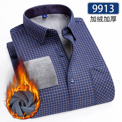 Autumn Winter Thicken Fleece Shirts For Men Business Plaid Shirt Long Sleeve Warm Clothes Male Single Pocket Classic Check Shirt
