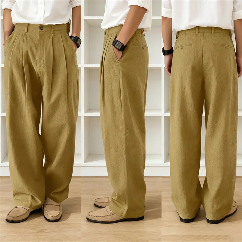 Men's Loose Pleated Wide Leg Pants Breathable Linen Blend Trousers Casual Business Suit Pants Summer Streetwear Daily Wear