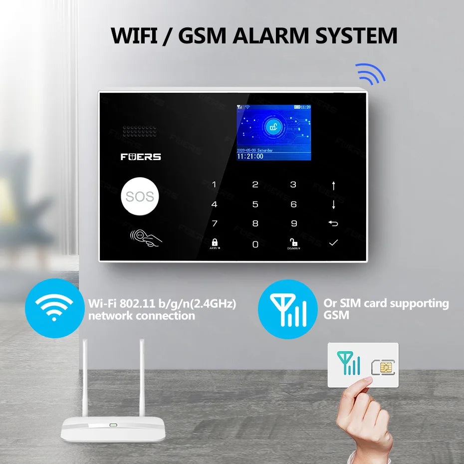 FUERS WIFI GSM Alarm System Wireless Home Burglar Security Alarm System works with Tuya Smart APP Control Motion Detector Sensor