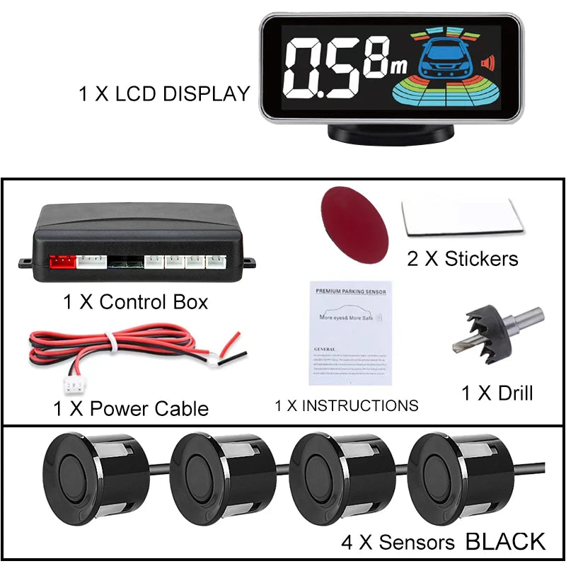 LCD Parking Sensor System Backlight Human Voice Alarm Display 4 Probes 12 Colors Backup Detector Parking Assistance Kit
