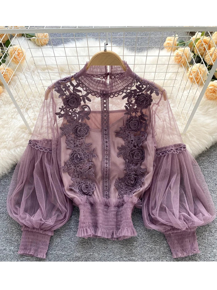 Summer Elegant Lace Blouses Korean Style Women's Clothing Casual Long Sleeve Tops Blusas Feminina Elegante Estilosa Y338