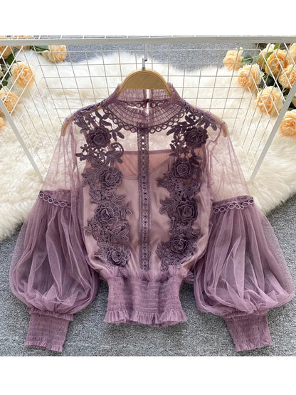 Summer Elegant Lace Blouses Korean Style Women's Clothing Casual Long Sleeve Tops Blusas Feminina Elegante Estilosa Y338