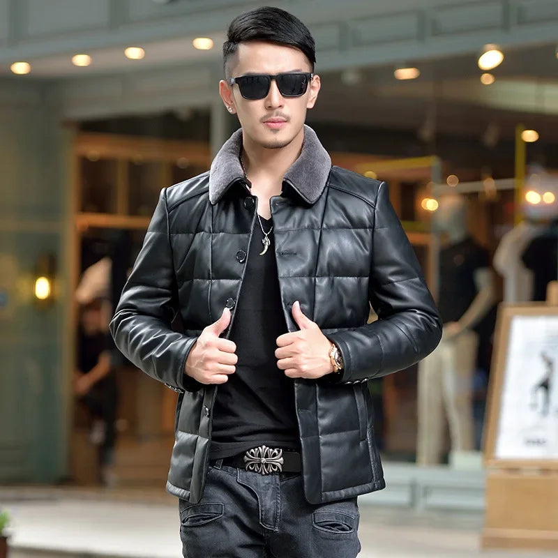 Winter Lapel Fur Collar Leather Jacket Down Jacket Men Slim Fit Korean  Down Coat Male Warm Duck Down Puffer Jacket Man 2024 New