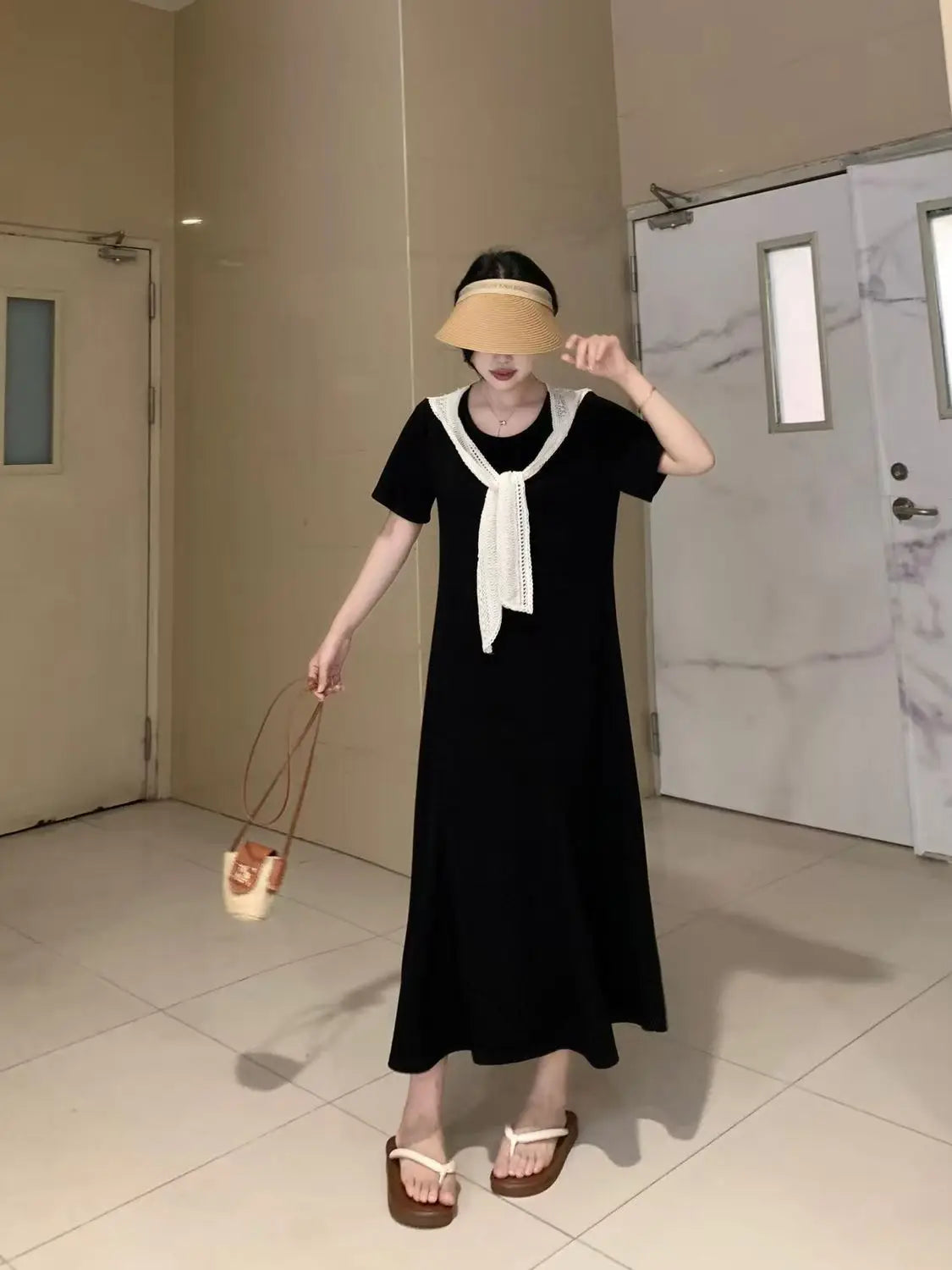Naval Collar Lace Trim Slimming Long Dress French Style Loose Fit Mommy's Summer Dress mid Waist Design Casual  Knot