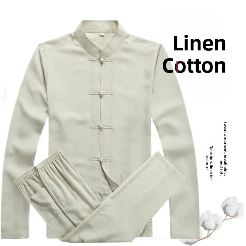 Spring Summer Large Size Linen Cotton Men's Tang Suit Ethnic Style Hanfu Set Home Wear Comfortable Loose Fit Traditional Chin...