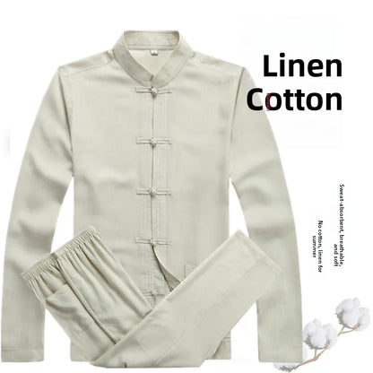 Spring Summer Large Size Linen Cotton Men's Tang Suit Ethnic Style Hanfu Set Home Wear Comfortable Loose Fit Traditional Chin...