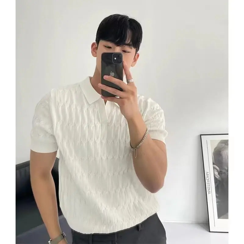 Men's Cable Knit Polo Shirt Short Sleeve V Neck Casual Summer Top 2026