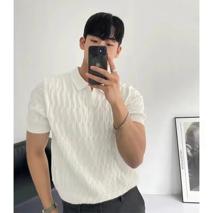 Men's Cable Knit Polo Shirt Short Sleeve V Neck Casual Summer Top 2026