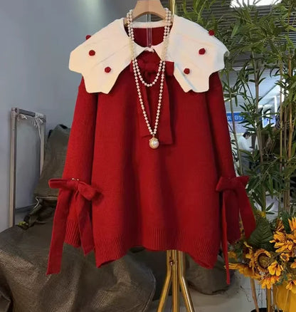 Large Size Women Three-dimensional Bow Sweet Peter Pan Collar Knitted Top Fashion New Red Versatile Long Sleeve Loose Sweater