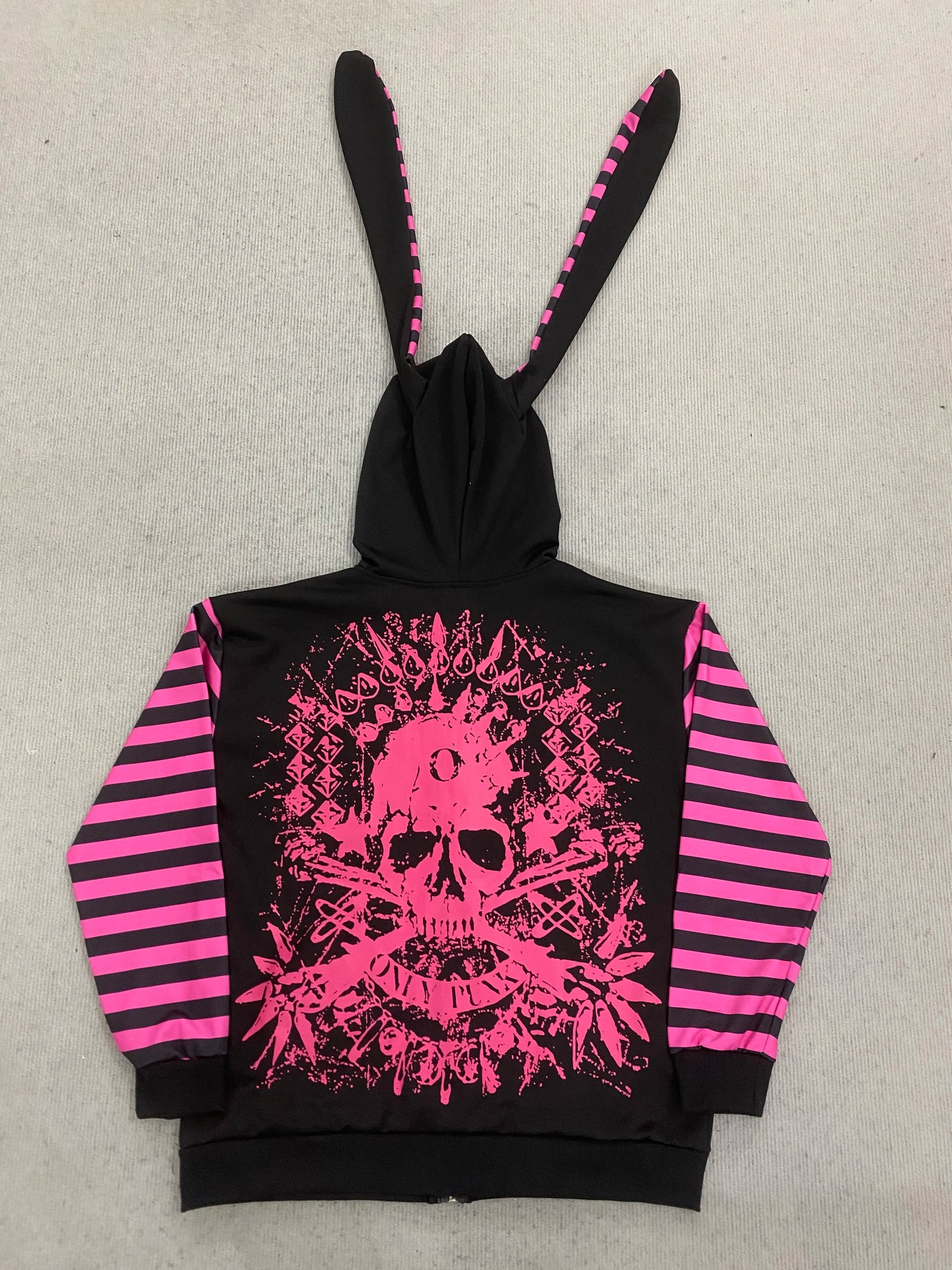 2026Y2K Goth Women's Bunny Ear Zip Up Hoodie Skull Print Striped Punk Aesthetic Streetwear Hooded Sweatshirt