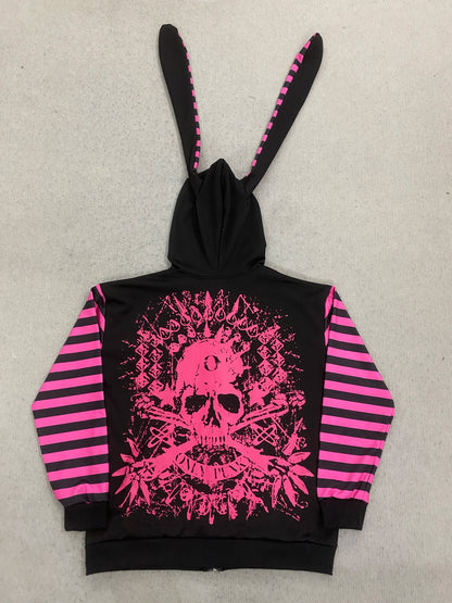 2026Y2K Goth Women's Bunny Ear Zip Up Hoodie Skull Print Striped Punk Aesthetic Streetwear Hooded Sweatshirt