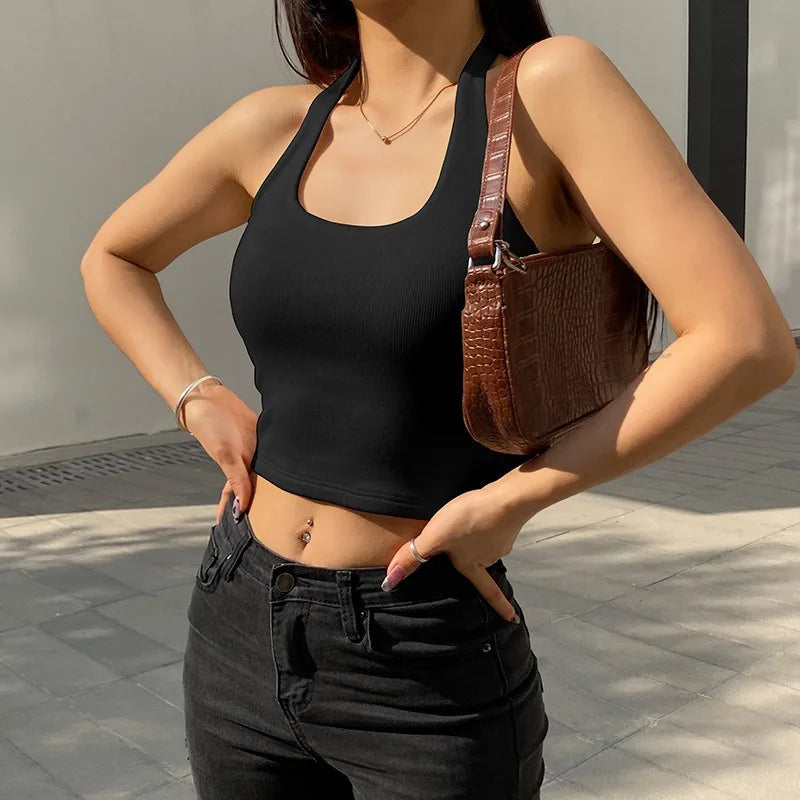 Women's Sexy Backless Tank Tops Summer White Halter Streetwear Vest Female Crop Top Summer 2026 Basic T-shirts Ladies Tube Camis