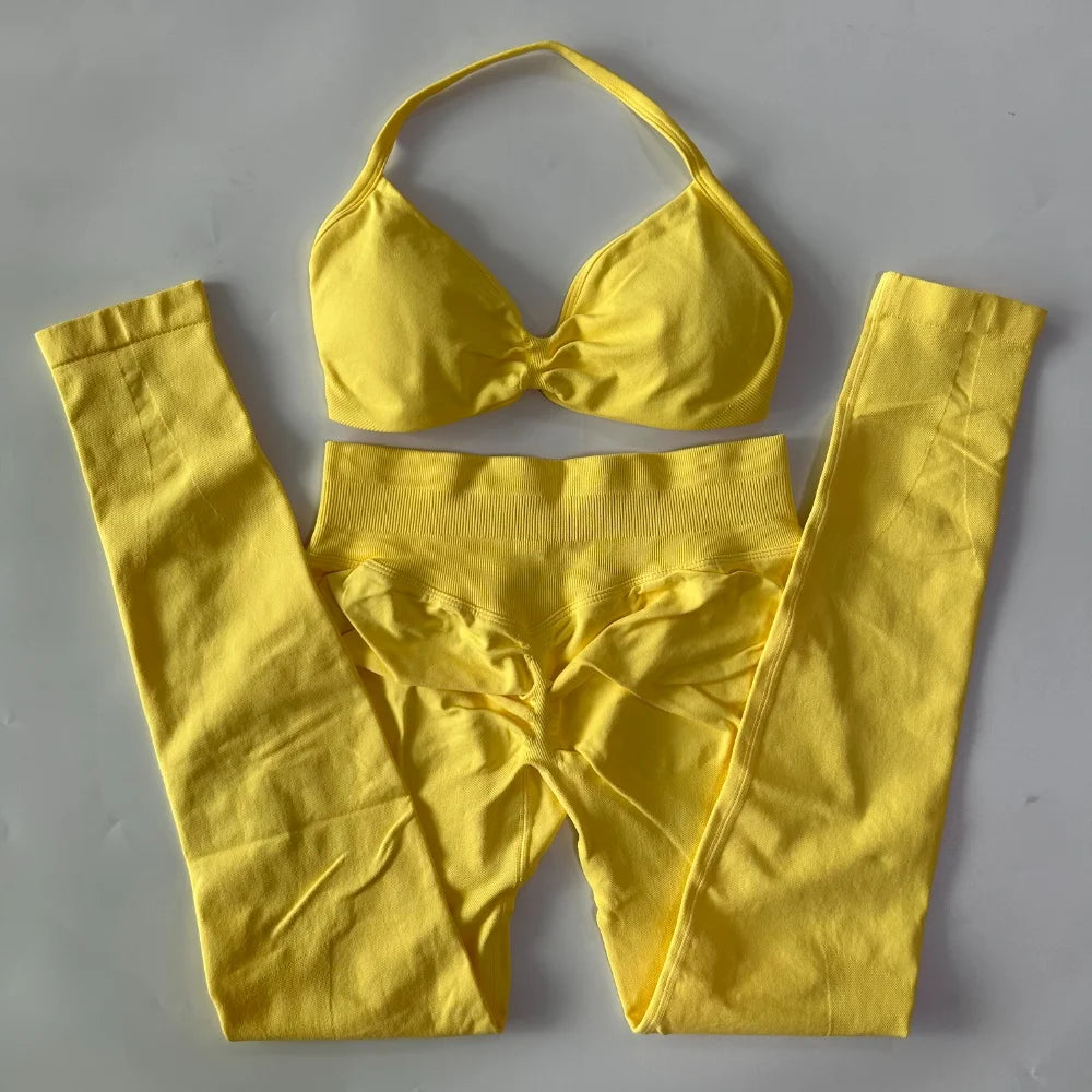 Women's 2 Piece Yoga Set High Quality Seamless Leggings And Strappy Bra Workout Gym Fitness Sportswear Resistance Training