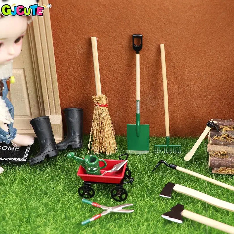 1Set 1:12 Dollhouse Miniature Farm Tool Ax Shovel Pull Cart Broom Boots Watering Can Garden Decor Toy Doll House Accessories