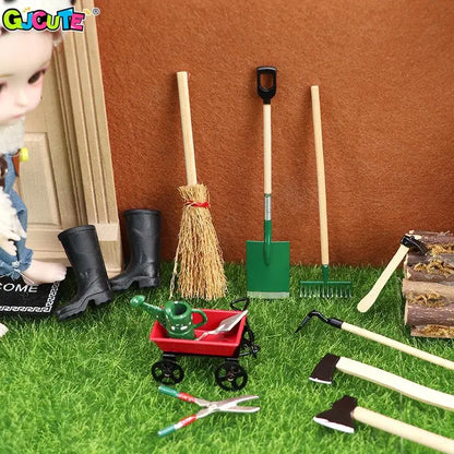 1Set 1:12 Dollhouse Miniature Farm Tool Ax Shovel Pull Cart Broom Boots Watering Can Garden Decor Toy Doll House Accessories